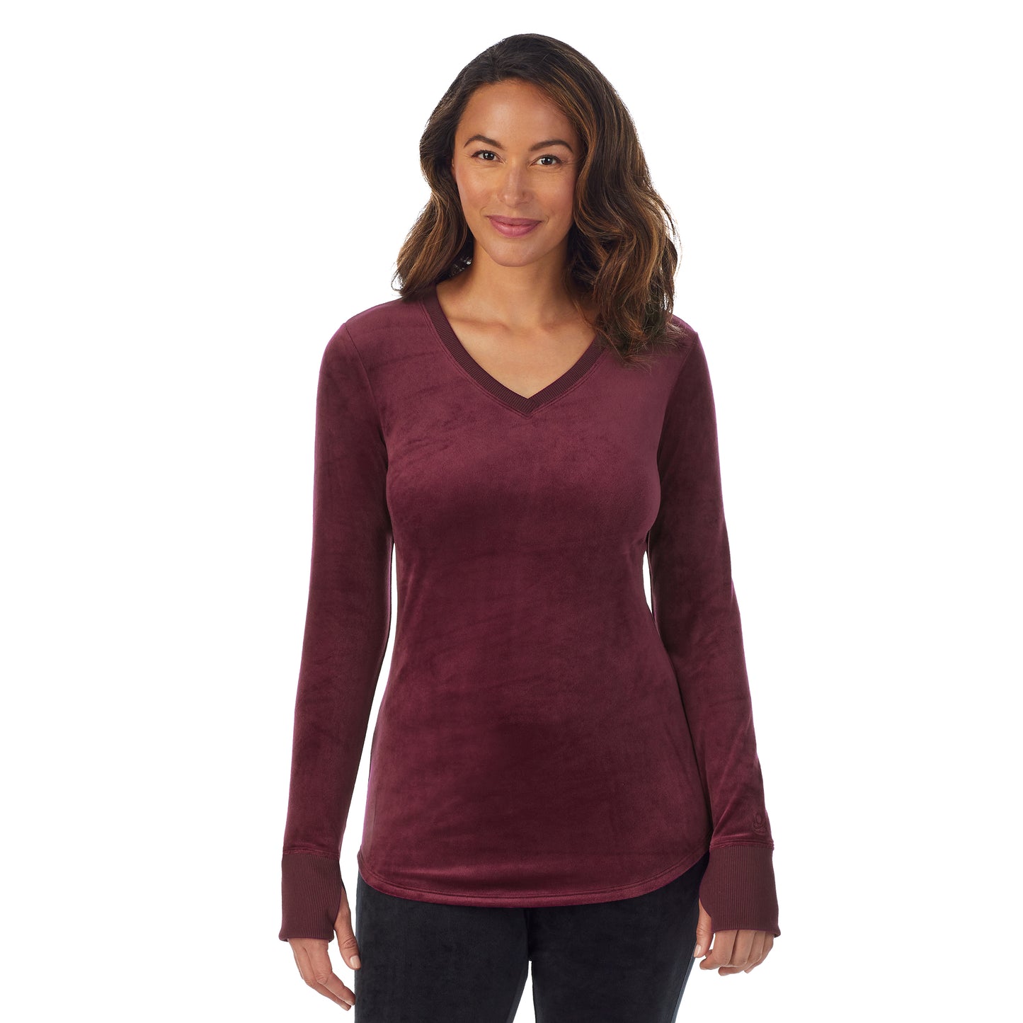 Purple Beet; Model is wearing size S. She is 5'8", Bust 34", Waist 26”, Hips 36"@A lady wearing Purple Beet stretch velour long sleeve v-neck