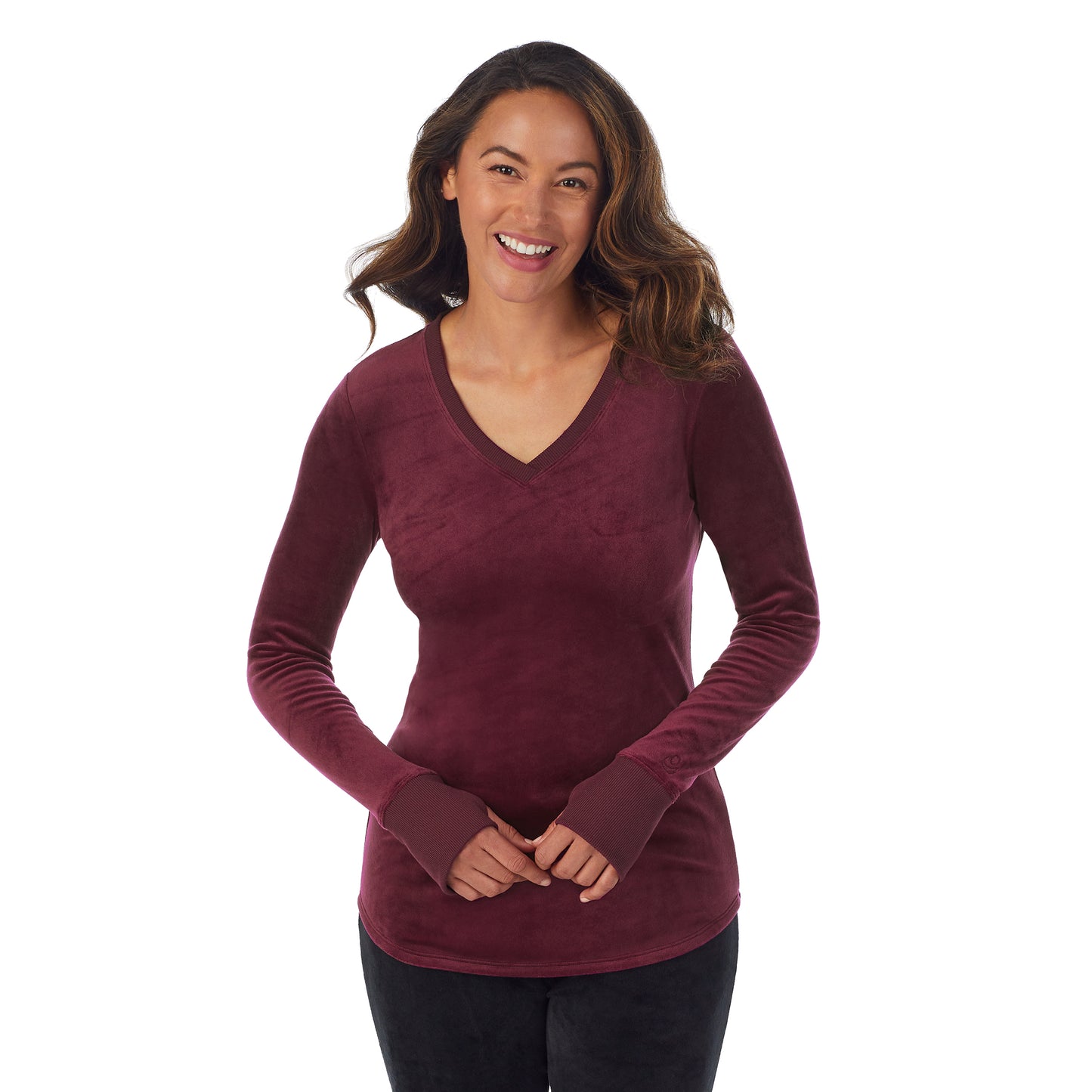 Purple Beet; Model is wearing size S. She is 5'8", Bust 34", Waist 26”, Hips 36"@A lady wearing Purple Beet stretch velour long sleeve v-neck