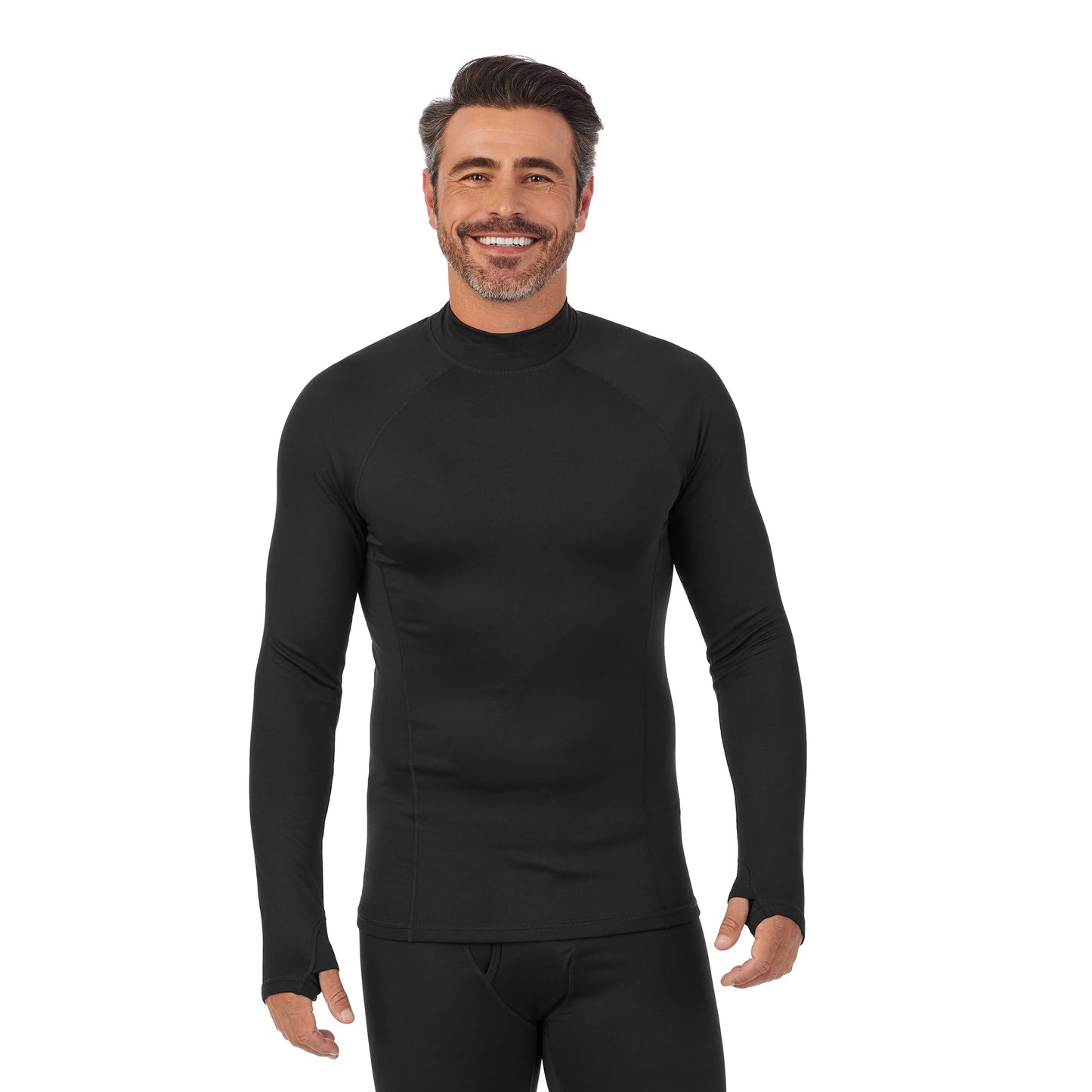Black;Model is wearing size M. He is 6'2", Waist 32", Inseam 34".@A man wearing black ArctiCore Long Sleeve Mock Neck