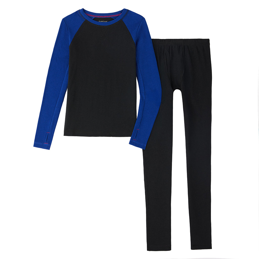 A royal blue black Boys Thermal 2 pc. Faux Raglan Long Sleeve Crew & Pant Set
