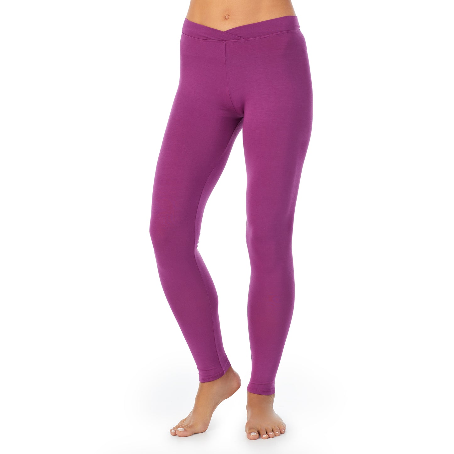 Purple Radiance; Model is wearing size S. She is 5’9”, Bust 34”, Waist 25.5”, Hips 36.5”. @A lady wearing a Purple Radiance stretch legging.