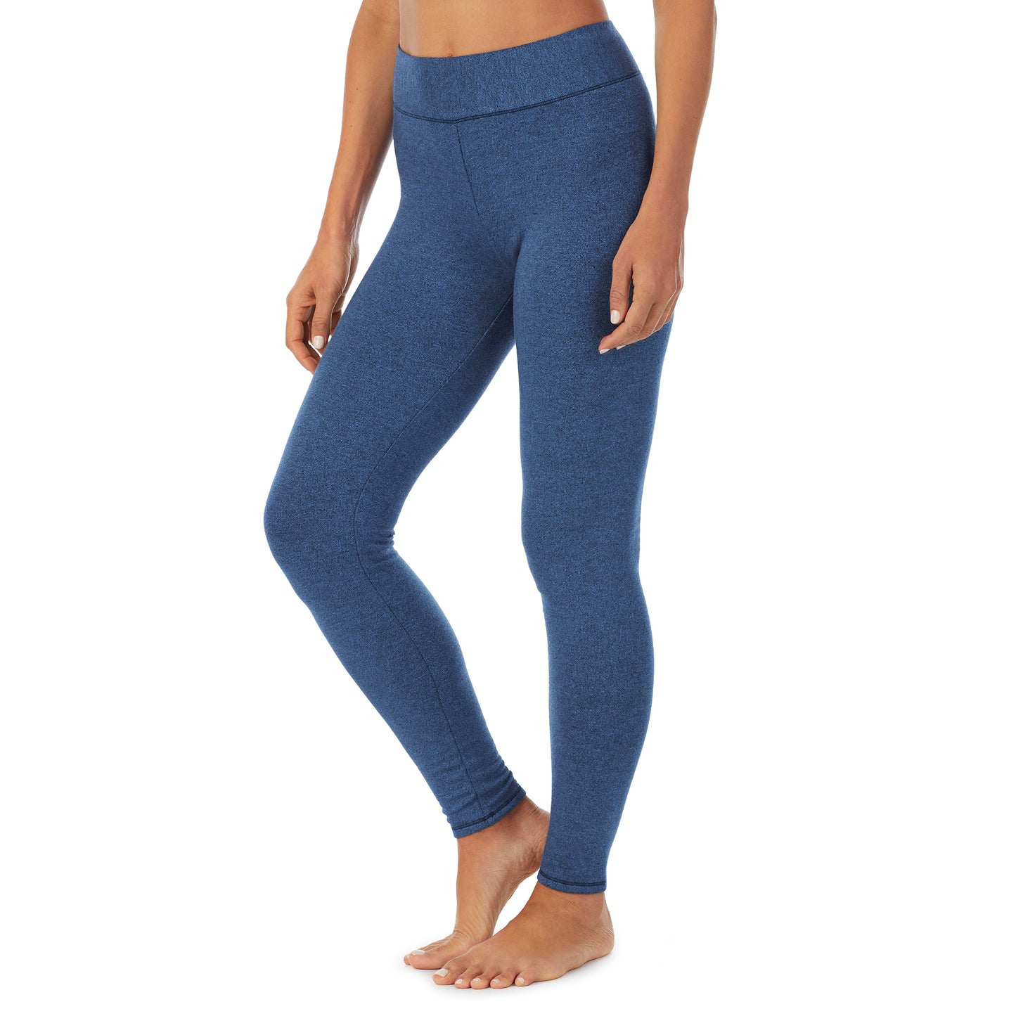 Ultramarine Heather; Model is wearing size S. She is 5’9”, Bust 34”, Waist 25.5”, Hips 36.5”. @A lady wearing a Ultramarine Heather legging.