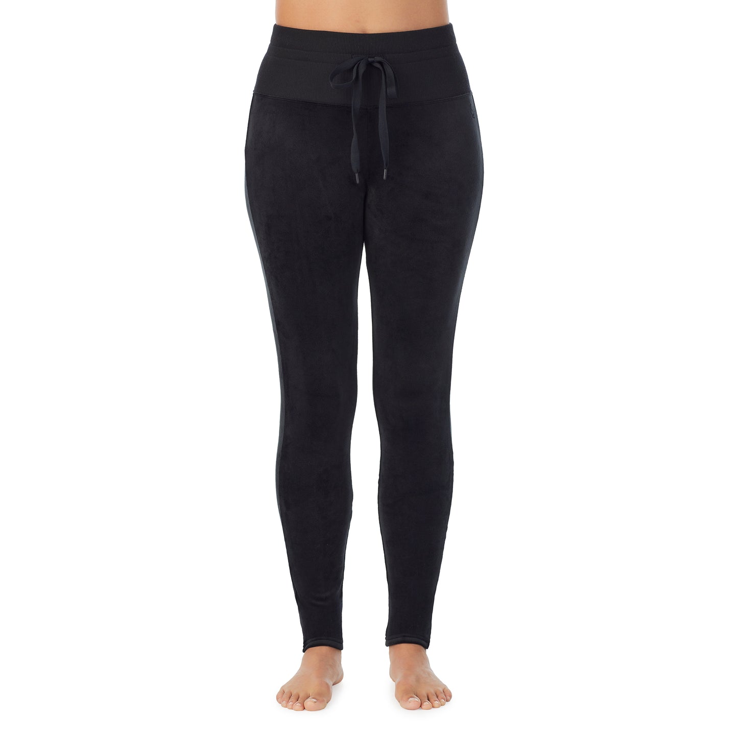 Black; Model is wearing size S. She is 5'8", Bust 34", Waist 26”, Hips 36"@A lady wearing black stretch velour legging