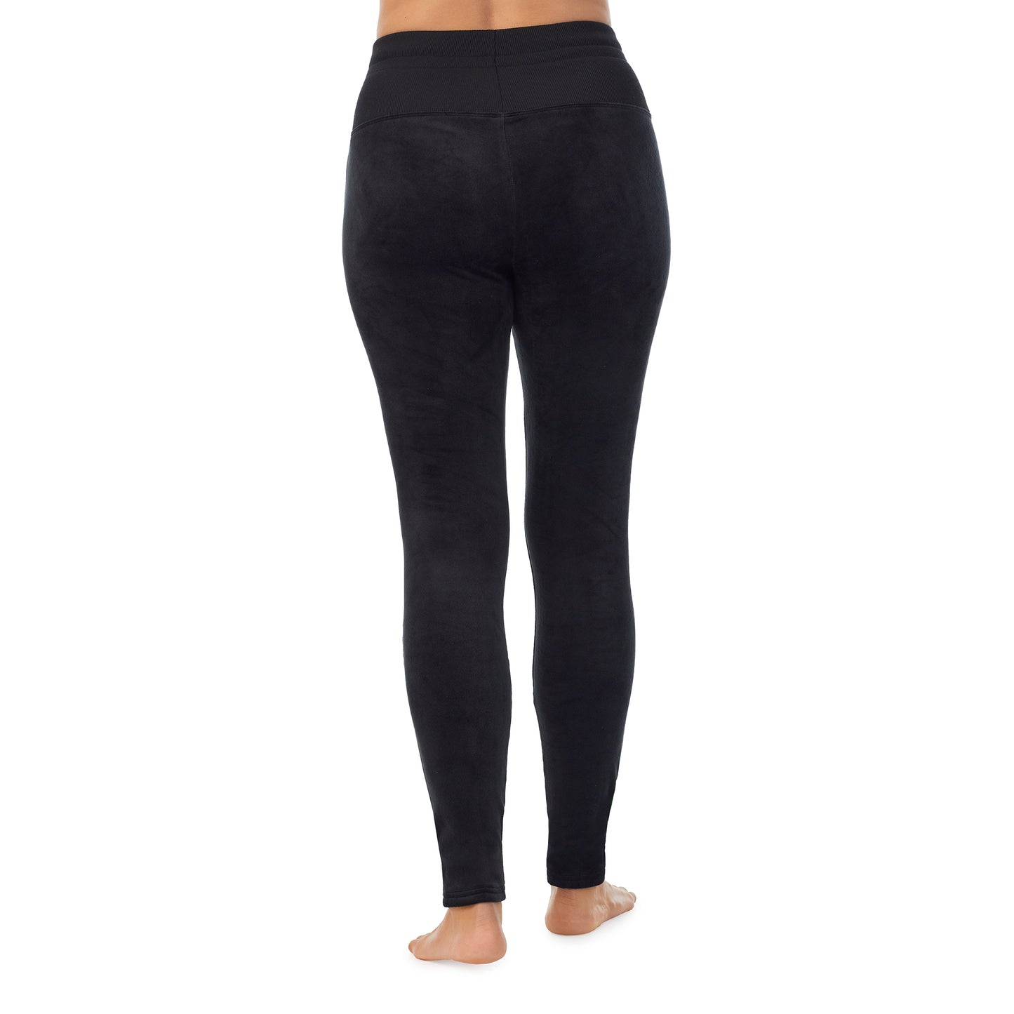 Black; Model is wearing size S. She is 5'8", Bust 34", Waist 26”, Hips 36"@A lady wearing black stretch velour legging
