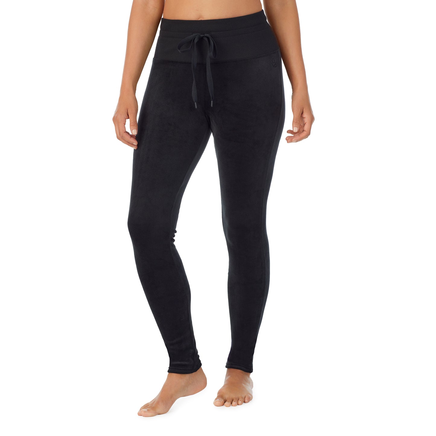 Black; Model is wearing size S. She is 5'8", Bust 34", Waist 26”, Hips 36"@A lady wearing black stretch velour legging