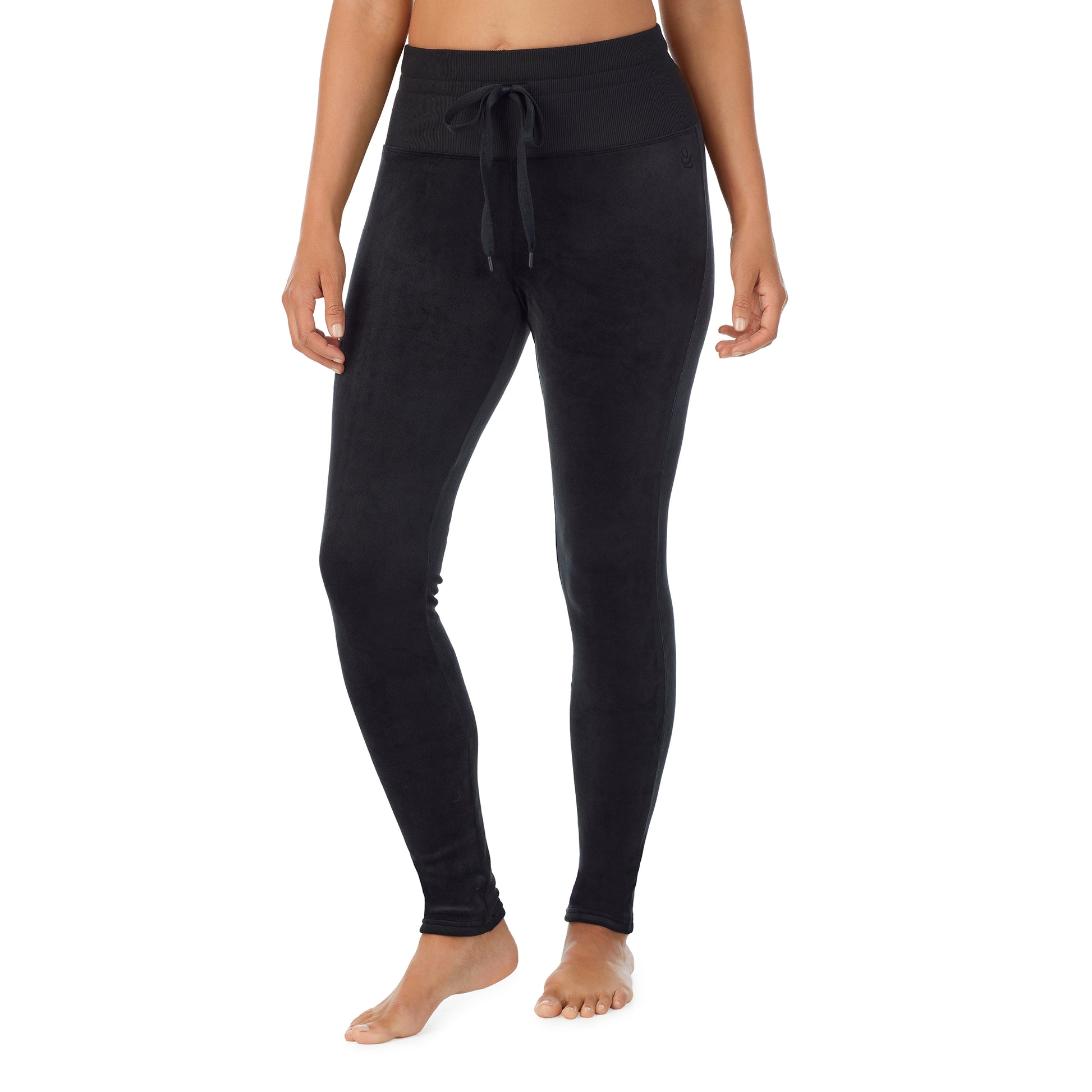 A lady wearing black stretch velour legging