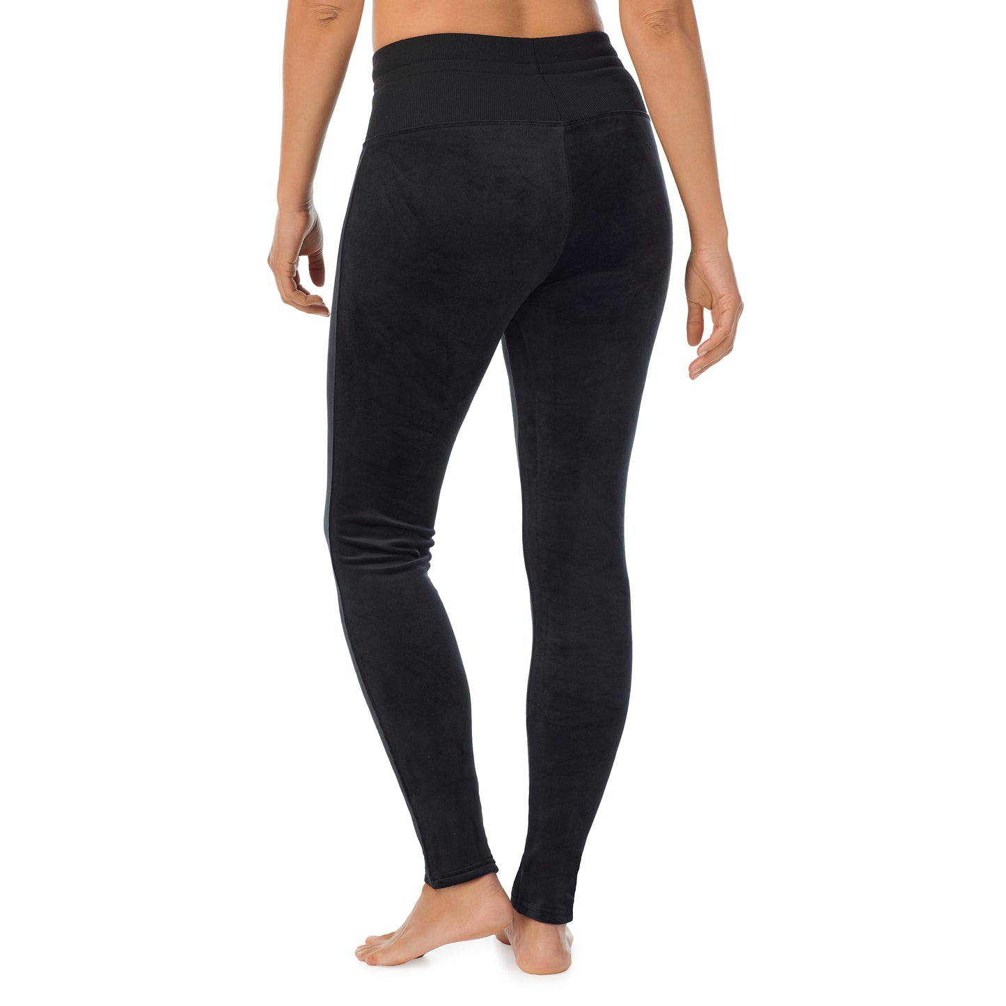 Black; Model is wearing size S. She is 5'8", Bust 34", Waist 26”, Hips 36"@A lady wearing black stretch velour legging