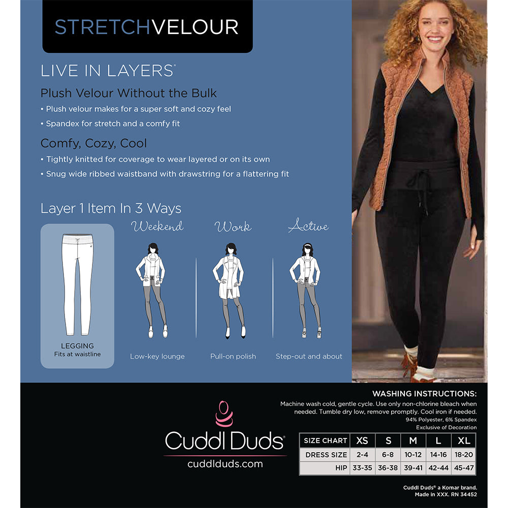 Black; Model is wearing size S. She is 5'8", Bust 34", Waist 26”, Hips 36"@A lady wearing black stretch velour legging