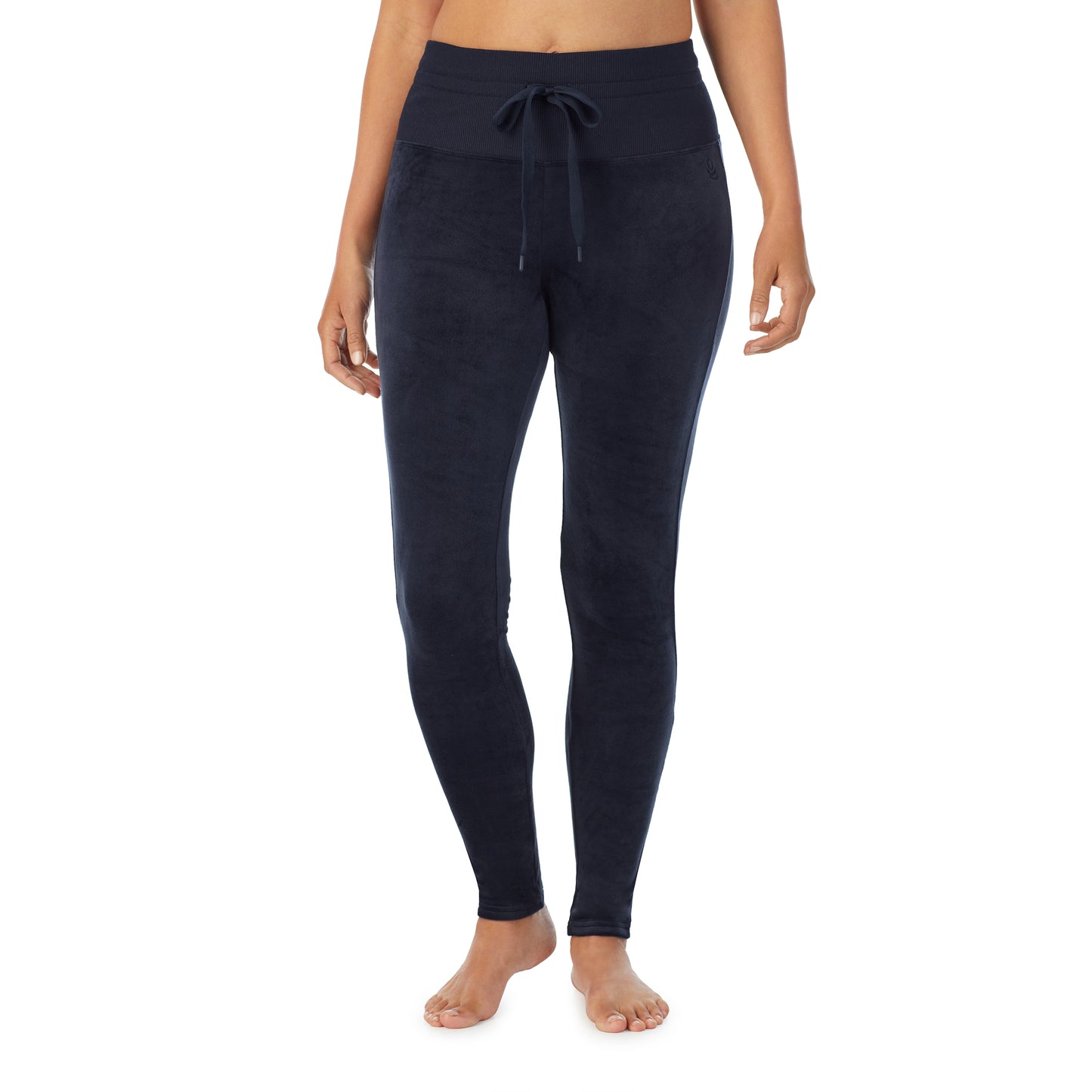 Navy Blazer; Model is wearing size S. She is 5'8", Bust 34", Waist 26”, Hips 36"@A lady wearing blue stretch velour legging