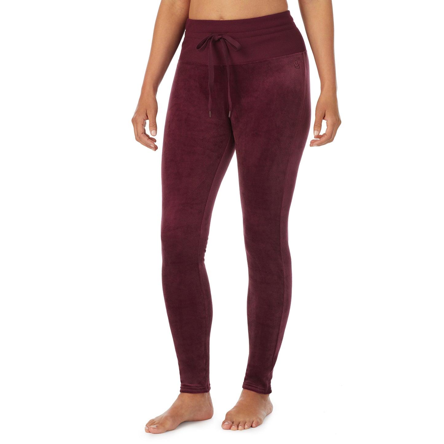 Purple Beet; Model is wearing size S. She is 5'8", Bust 34", Waist 26”, Hips 36"@A lady wearing purple beet stretch velour legging