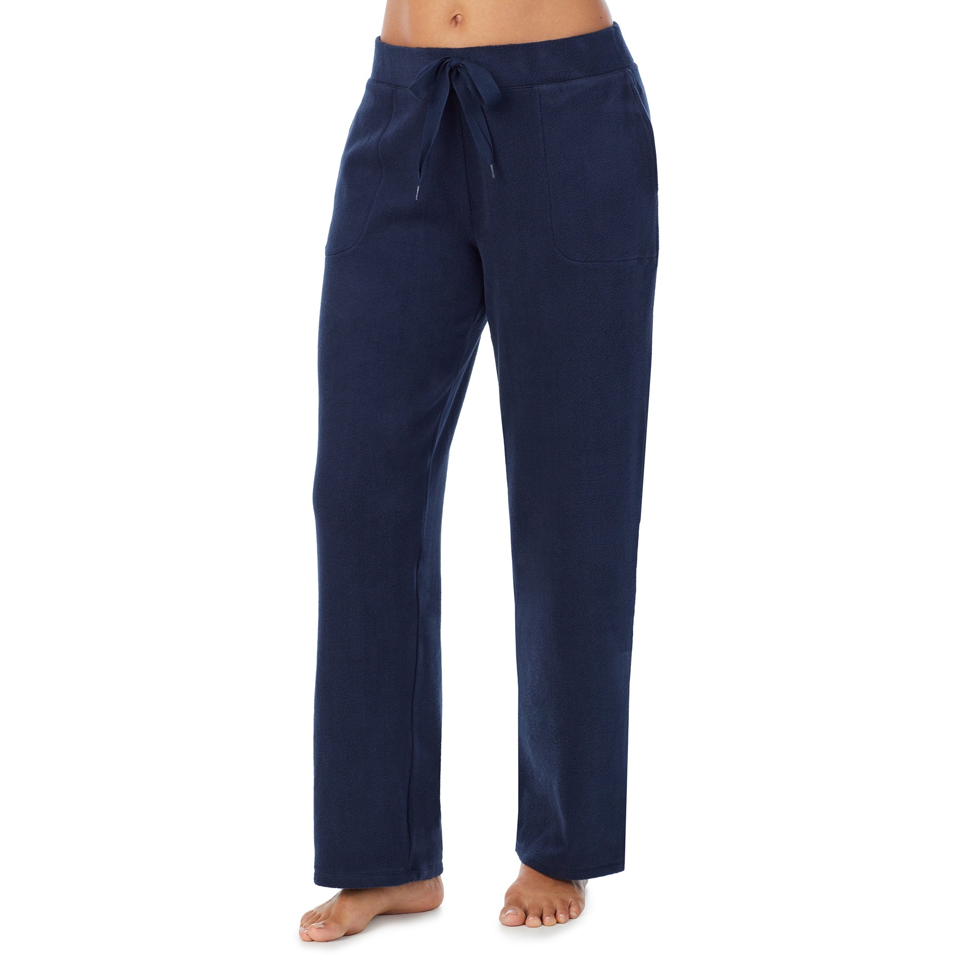 A lady wearing navy blazer fleecewear with stretch lounge pant.