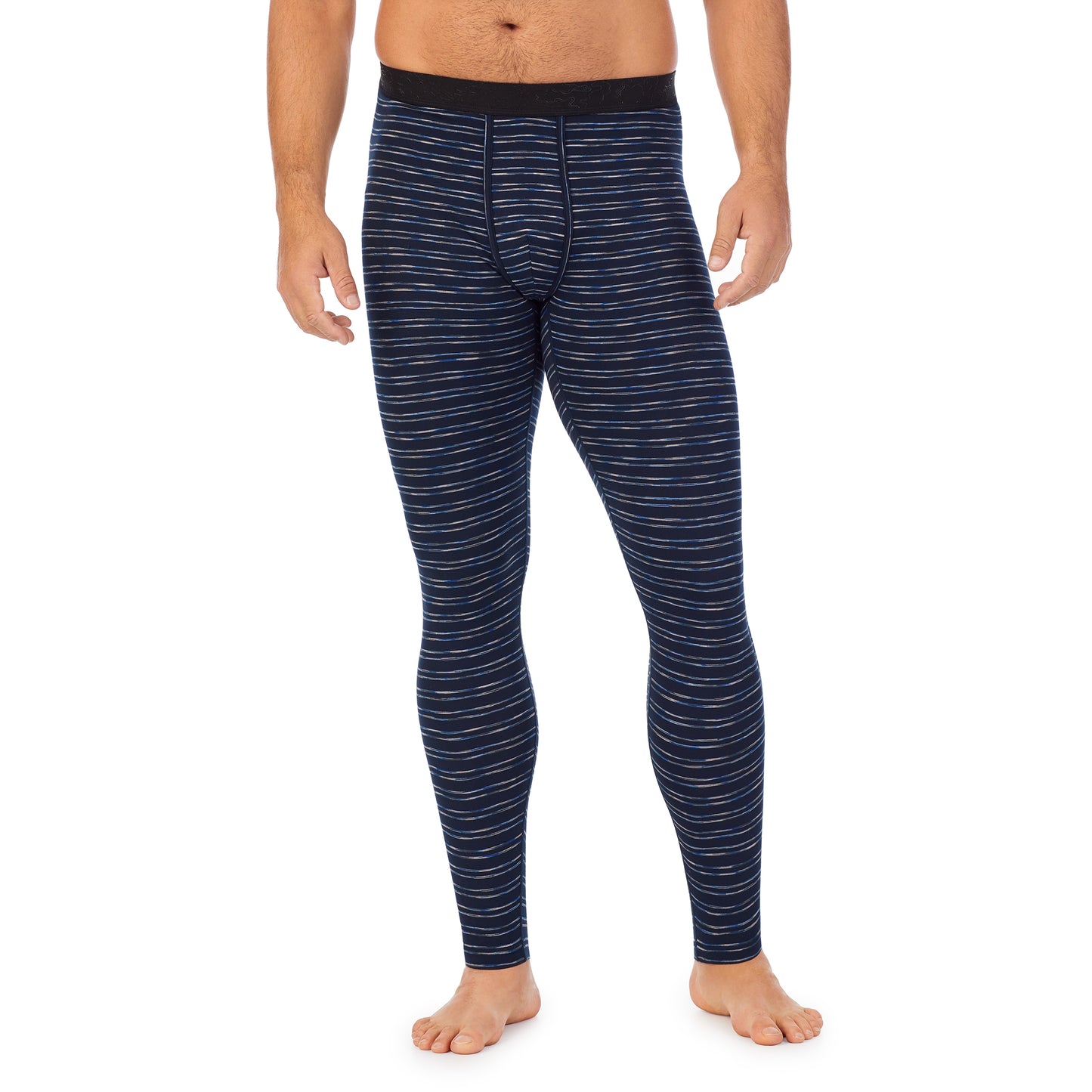 Blue Stripe; Model is wearing size M. He is 6'2", Waist 32", Inseam 34".@Lower body of a man wearing Blue Stripe climatesport pants !88% Polyester, 12% Spandex!