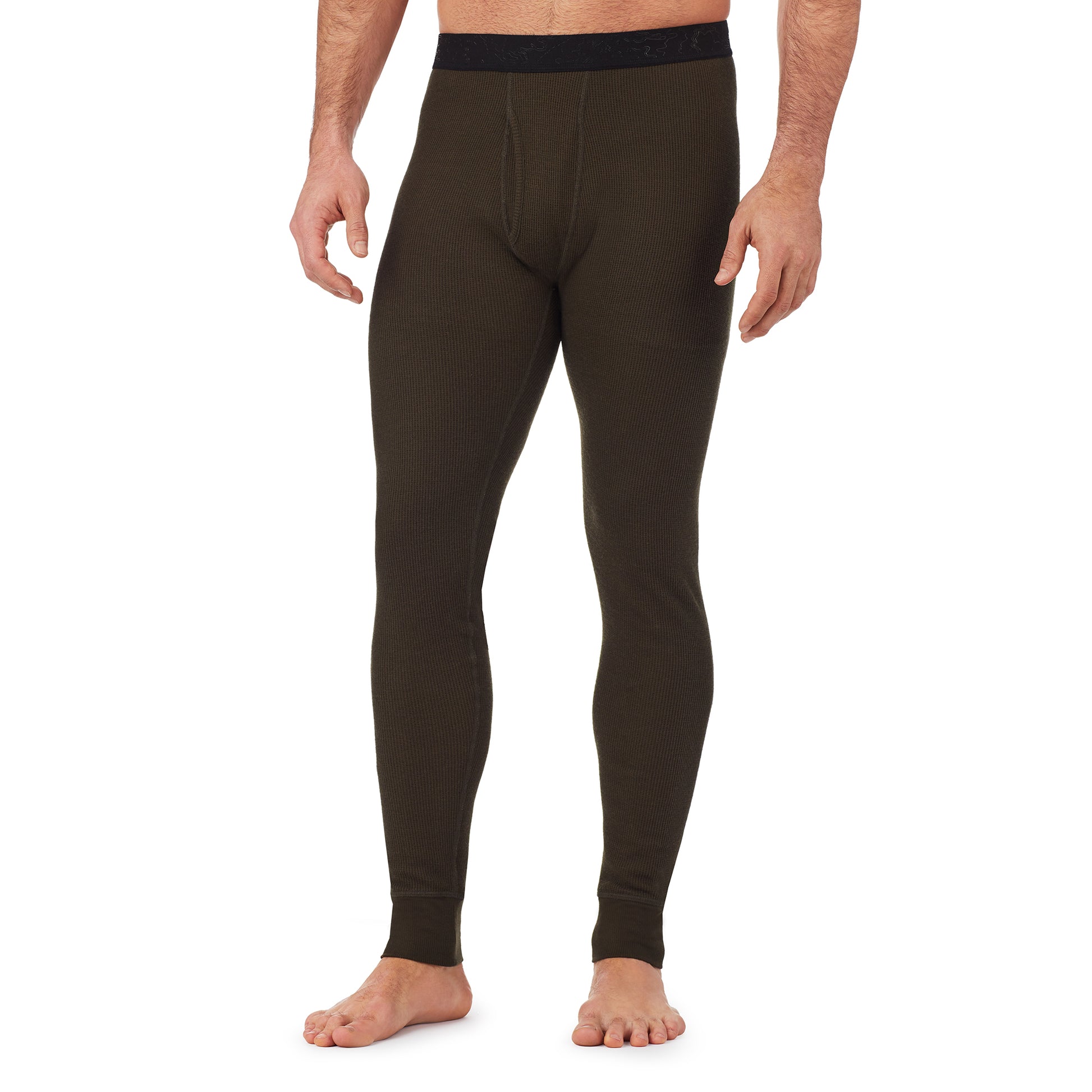 A man wearing dark olive waffle thermal pant.