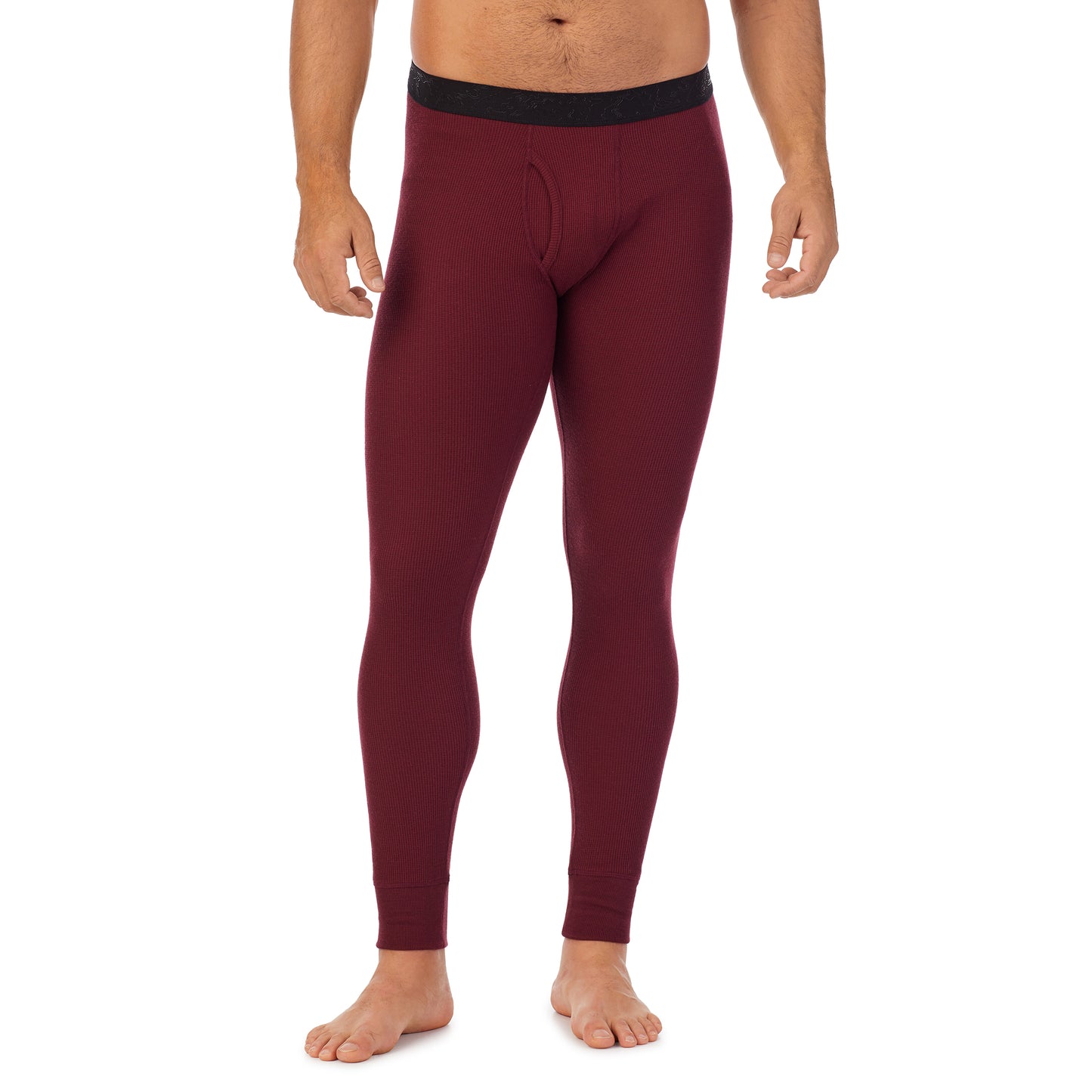 Dark Port;Model is wearing size M. He is 6'2", Waist 32", Inseam 34".@A man wearing dark port waffle thermal pant.