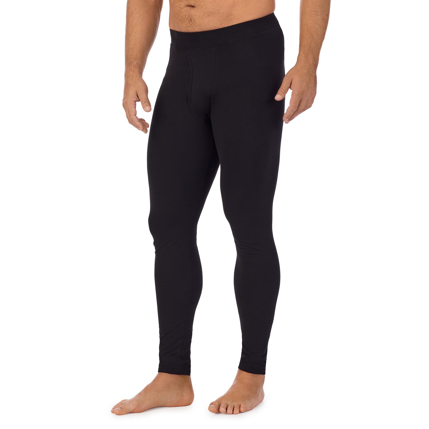 Black; Model is wearing size M. He is 6'2", Waist 32", Inseam 34". @A man wearing a black cottonwear pant