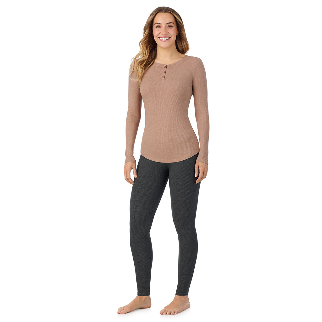 Walnut Taupe Heather; Model is wearing size S. She is 5'11.5", Bust 34", Waist 26", Hips 37".@ A lady is wearing a Walnut Taupe Heather Stretch Rib Long Sleeve Henley