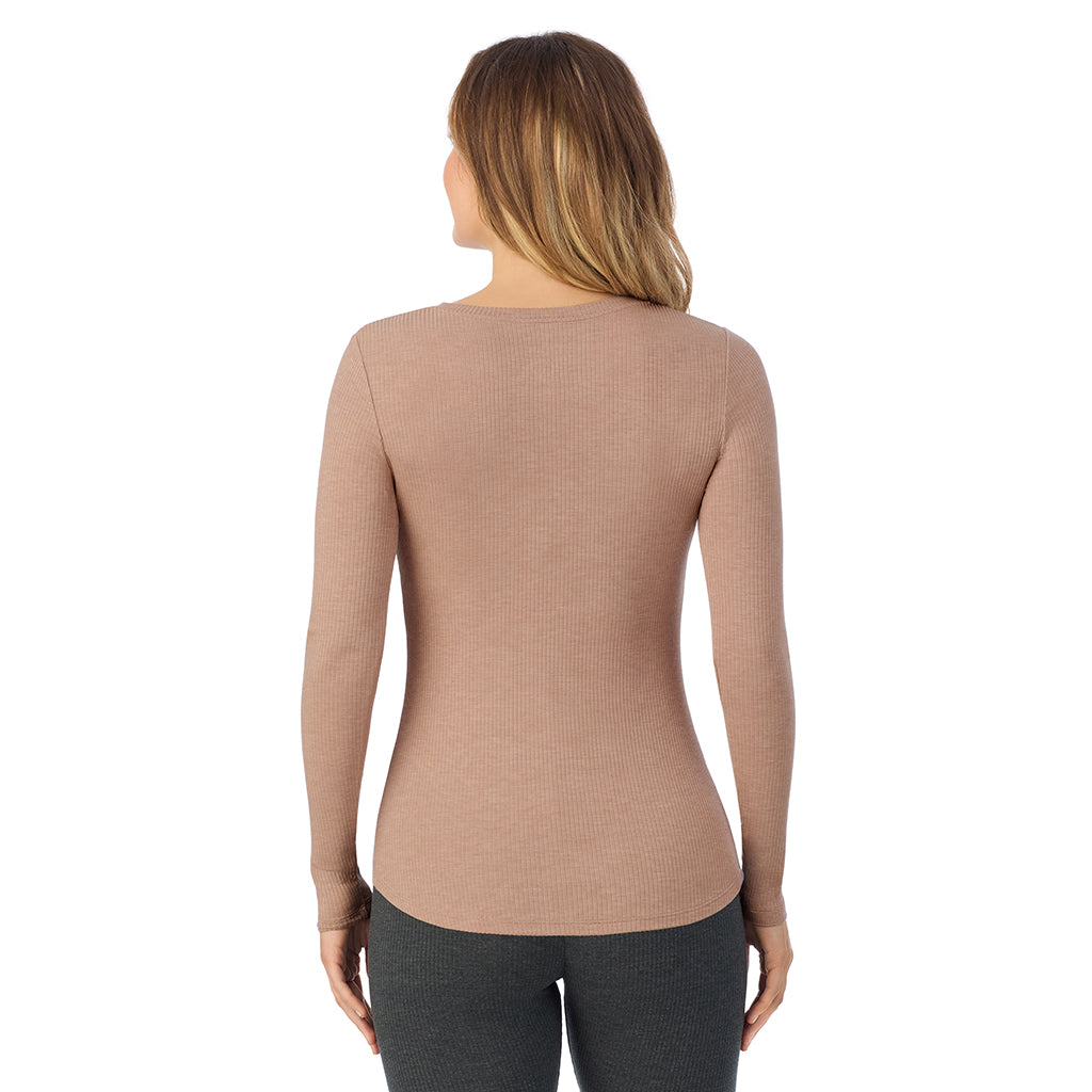 Walnut Taupe Heather; Model is wearing size S. She is 5'11.5", Bust 34", Waist 26", Hips 37".@ A lady is wearing a Walnut Taupe Heather Stretch Rib Long Sleeve Henley