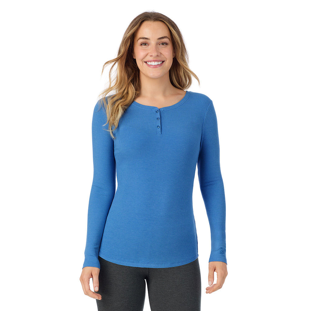 Blue Comet; Model is wearing size S. She is 5'11.5", Bust 34", Waist 26", Hips 37".@ A lady is wearing a Blue Comet Stretch Rib Long Sleeve Henley