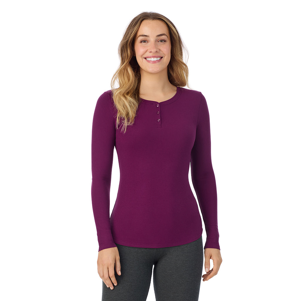 Dark Purple; Model is wearing size S. She is 5'11.5", Bust 34", Waist 26", Hips 37".@ A lady is wearing a Dark Purple Stretch Rib Long Sleeve Henley