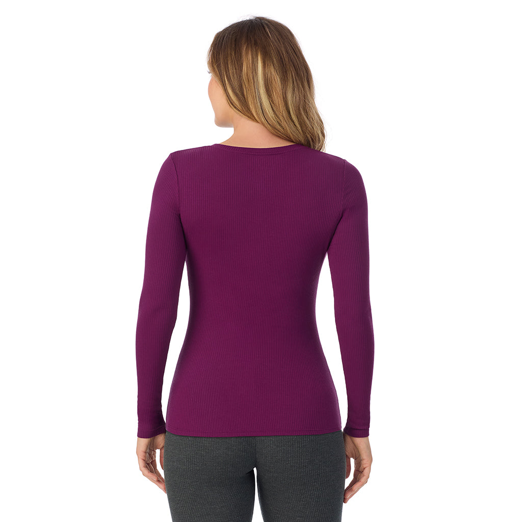 Dark Purple; Model is wearing size S. She is 5'11.5", Bust 34", Waist 26", Hips 37".@ A lady is wearing a Dark Purple Stretch Rib Long Sleeve Henley