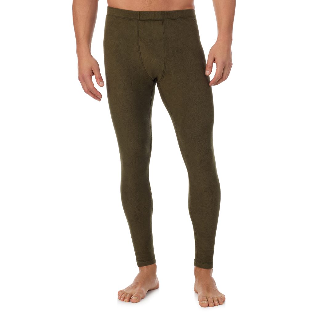 Dark Olive; Model is wearing a size M. He is 6’2”, Waist is 32”, Inseam 34”.@A man wearing dark olive fleecewear pant.