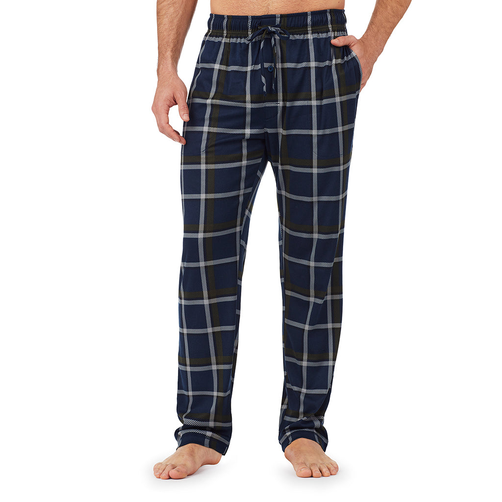 Black Plaid;Model is wearing size M. He is 6'2", Waist 32", Inseam 32".@ A lady wearingMens Short Sleeve Crew Neck Top and Pant Pajama Set with Black Plaid print