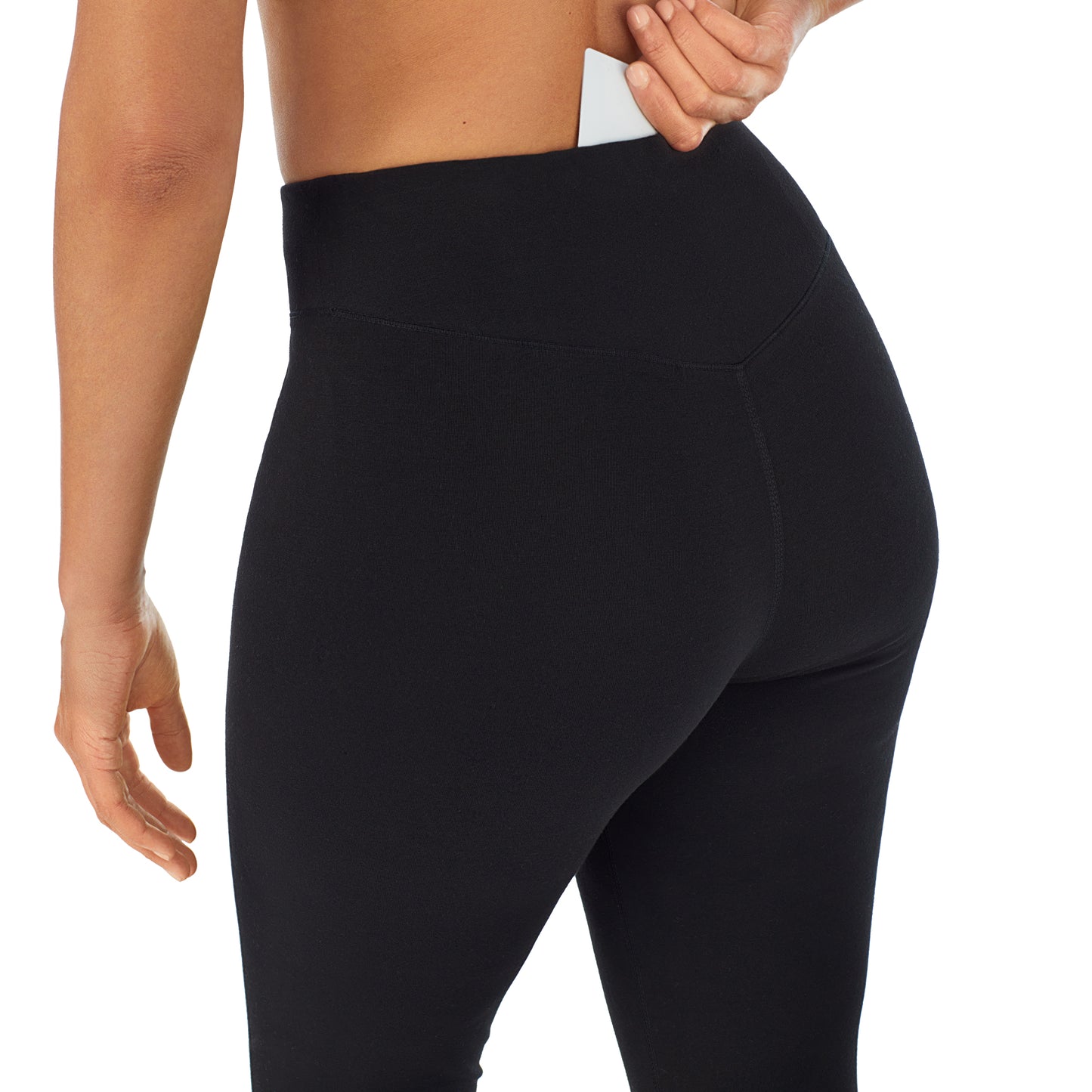 Black; Model is wearing size S. She is 5'8", Bust 34", Waist 26”, Hips 36"@A lady wearing black cottonwear legging