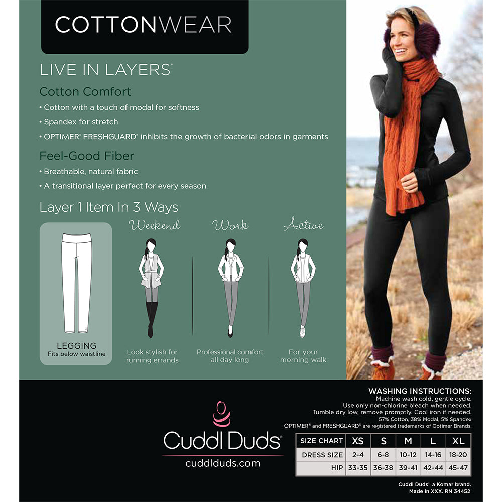Black; Model is wearing size S. She is 5'8", Bust 34", Waist 26”, Hips 36"@A lady wearing black cottonwear legging