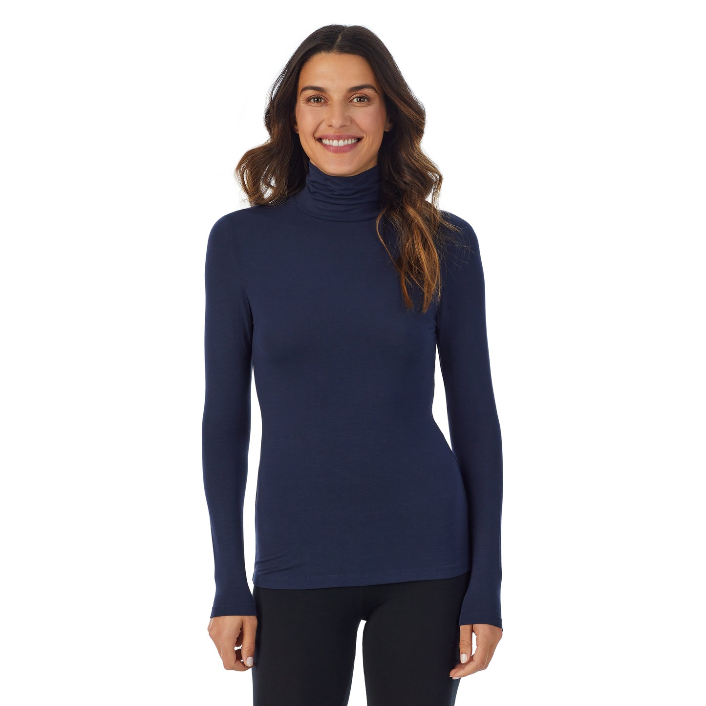 Navy Blazer; Model is wearing size S. She is 5’9”, Bust 34”, Waist 25.5”, Hips 36.5”.@A lady wearing navy blazer long sleeve turtleneck softwear with stretch top.