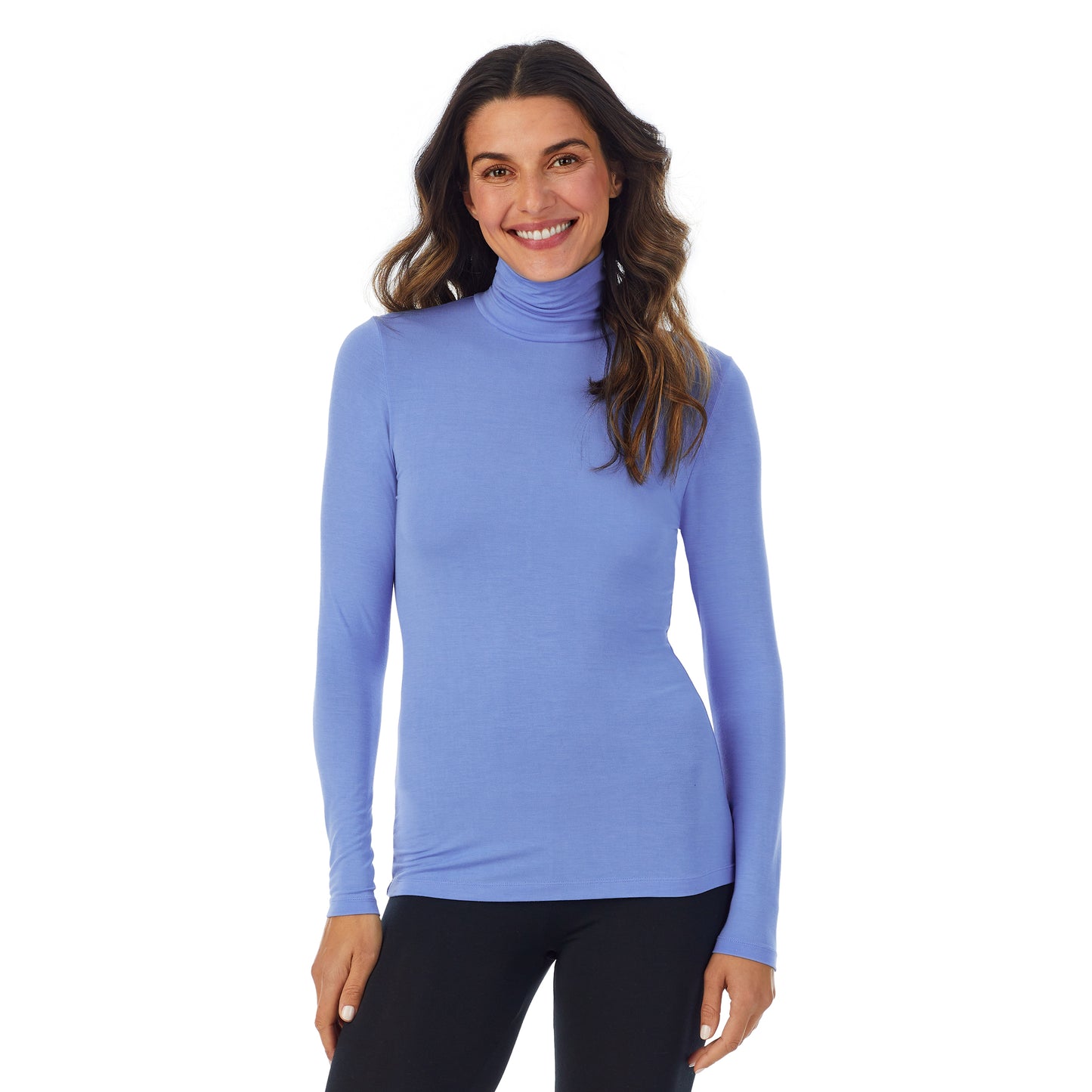 Ultramarine; Model is wearing size S. She is 5’9”, Bust 34”, Waist 25.5”, Hips 36.5”.@A lady wearing ultramarine long sleeve turtleneck softwear with stretch top.