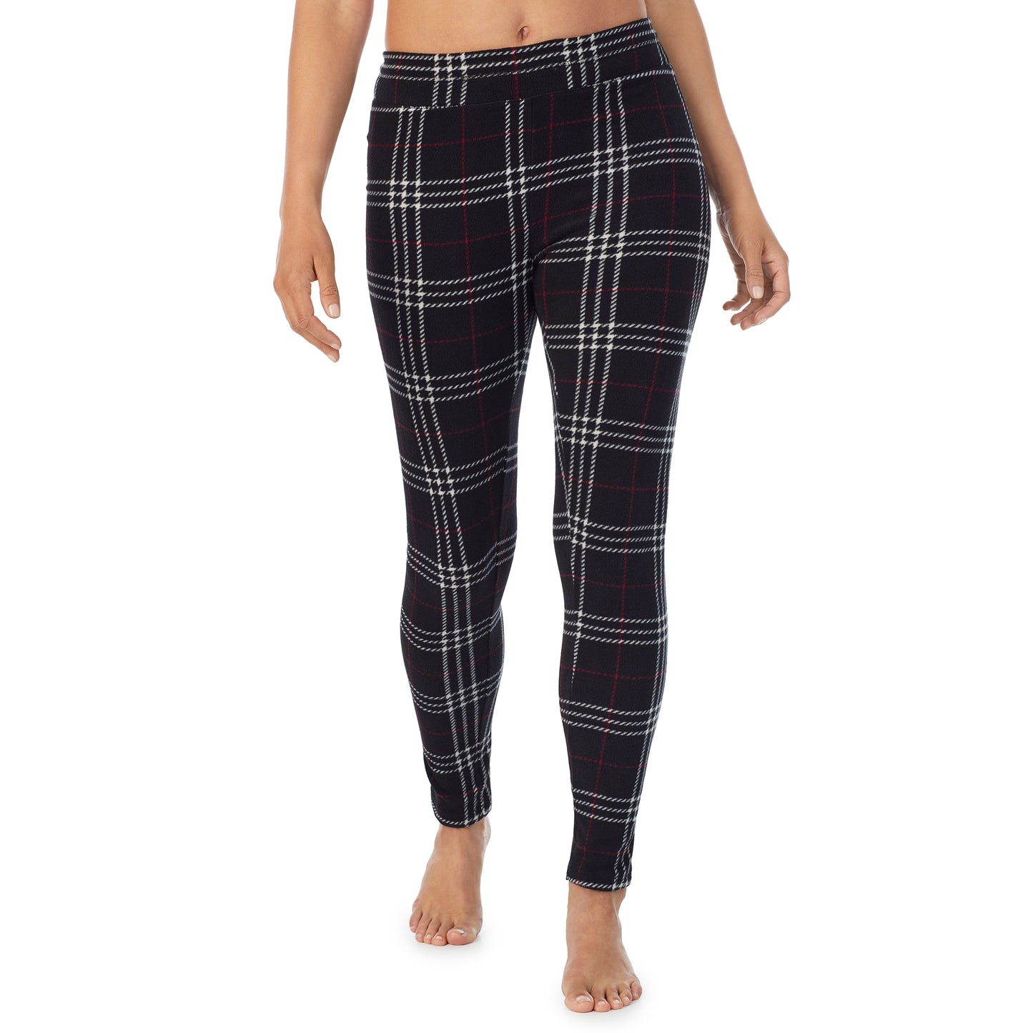 Black Plaid; Model is wearing size S. She is 5’8”, Bust 34”, Waist 24.5”, Hips 35”.@A lady wearing black plaid fleecewear with stretch legging.