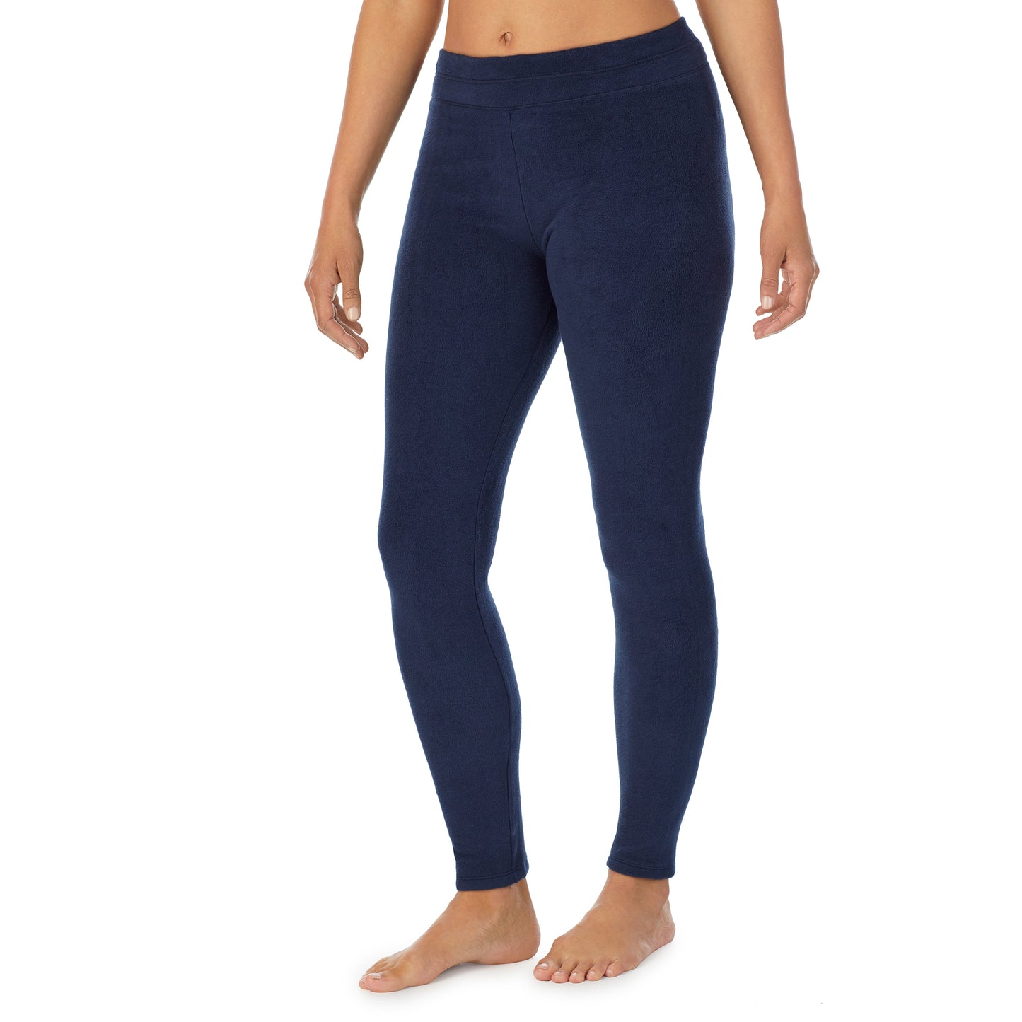 Navy Blazer; Model is wearing size S. She is 5’8”, Bust 34”, Waist 24.5”, Hips 35”.@A lady wearing navy blazer fleecewear with stretch legging.