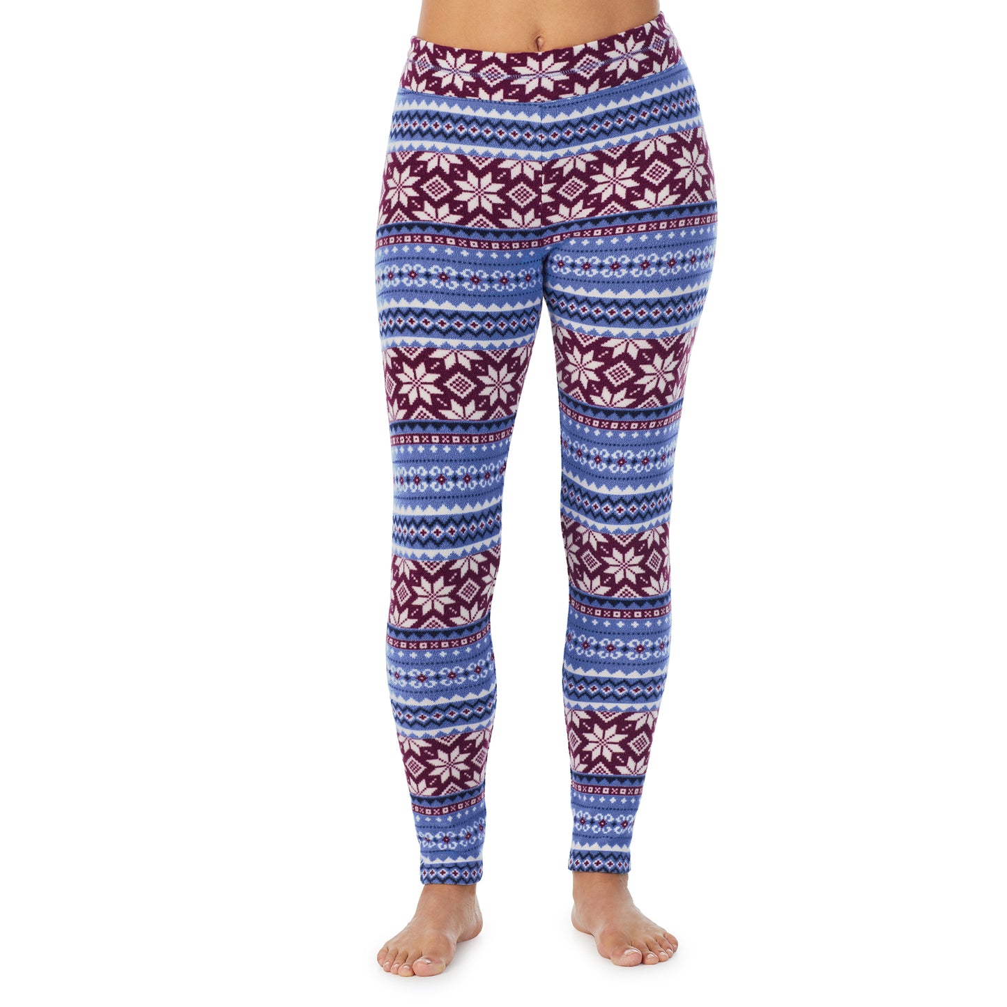 Blue Fairisle; Model is wearing size S. She is 5’8”, Bust 34”, Waist 24.5”, Hips 35”.@A lady wearing blue fairisle fleecewear with stretch legging.