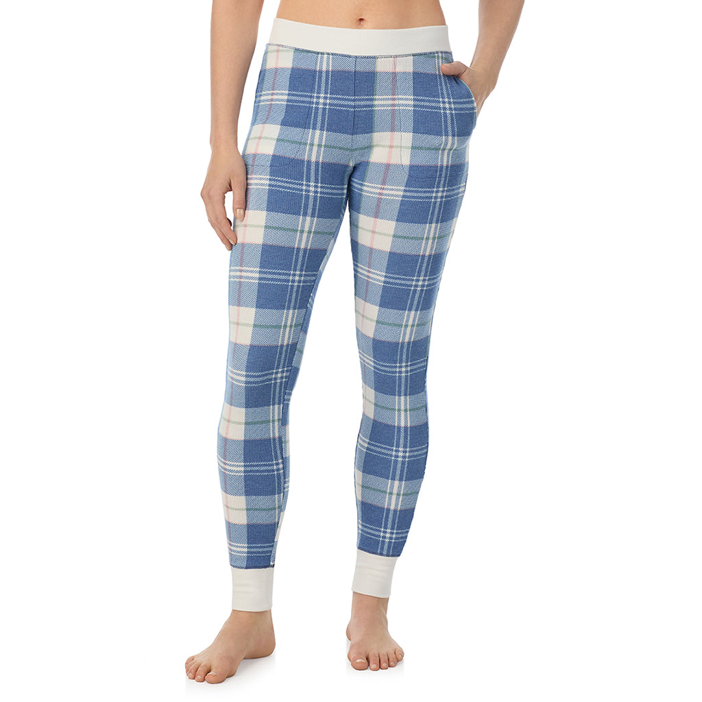 Blue Plaid; Model is wearing a size S. She is 5’9”, Bust 34”, Waist 25”, Hips 36”@ A Lady is wearing Blue Plaid Cozy Stretch Thermal Legging