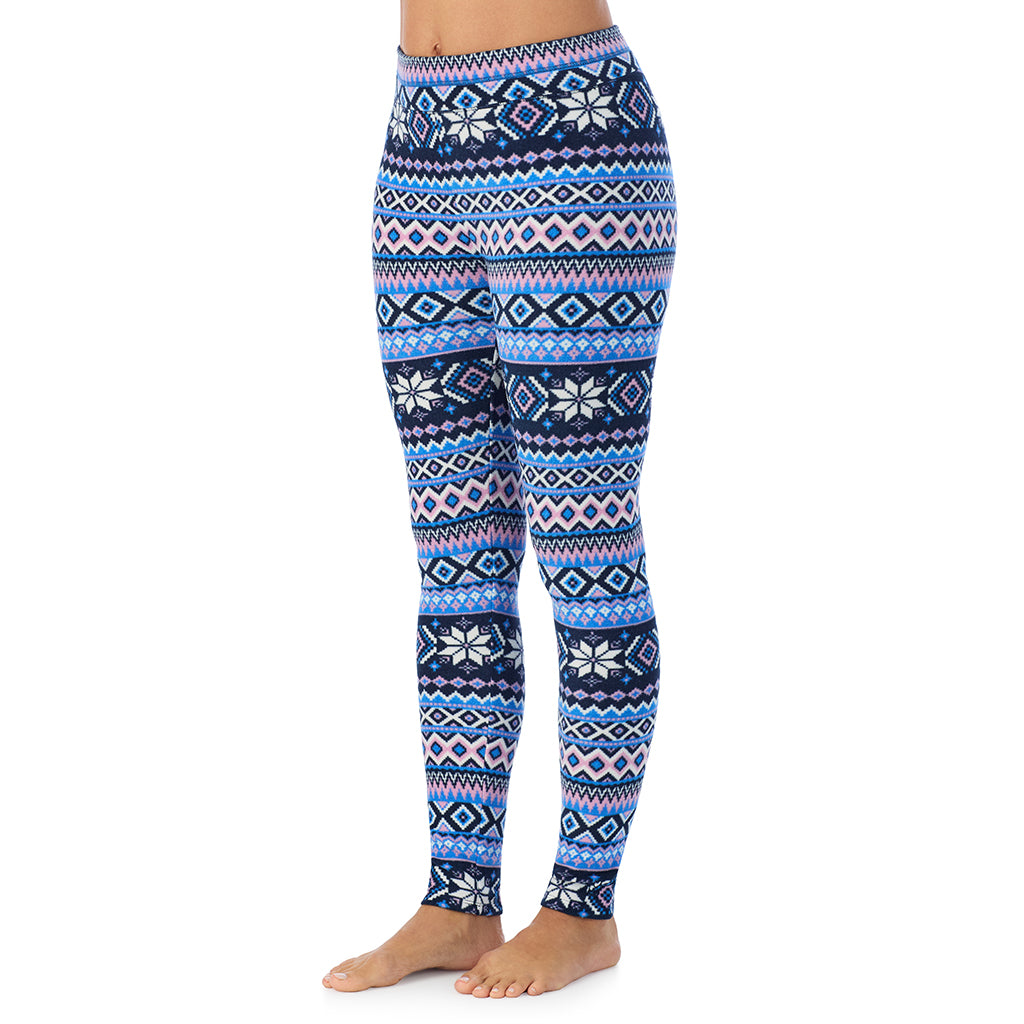 Blue Fairisle; Model is wearing size S. She is 5'11.5", Bust 34", Waist 26", Hips 37".@ A Lady is wearing a Blue Fairisle Fleecewear With Stretch Legging TALL !94% Recycled Polyester, 6% Spandex!