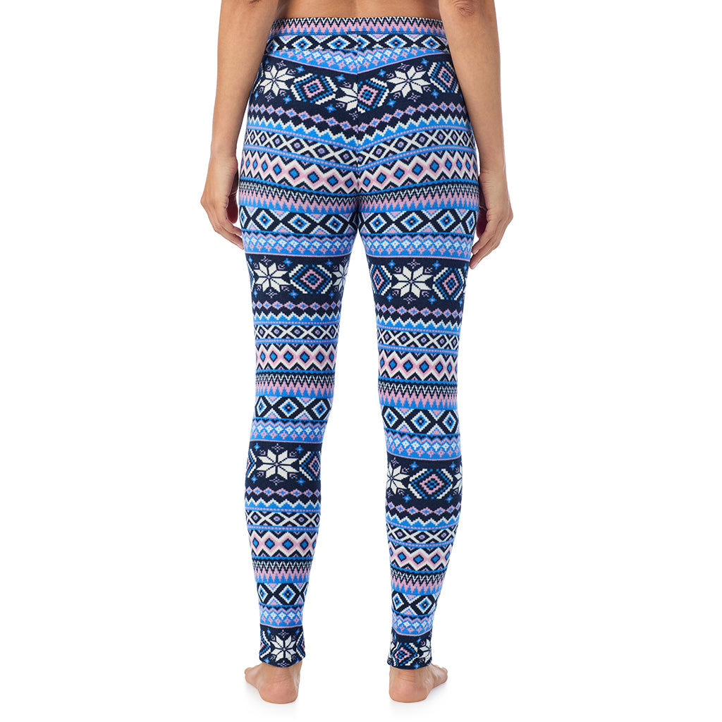 Blue Fairisle; Model is wearing size S. She is 5'11.5", Bust 34", Waist 26", Hips 37".@ A Lady is wearing a Blue Fairisle Fleecewear With Stretch Legging TALL !94% Recycled Polyester, 6% Spandex!