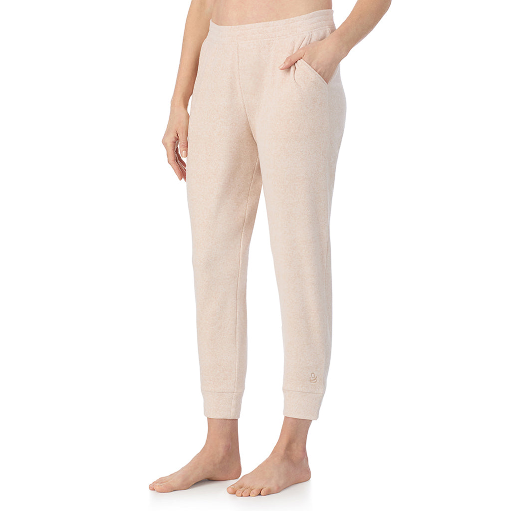 A lady wearing Oatmeal Heather Cuddl Duds x Jennifer Lake Fleecewear with Stretch Cropped Jogger