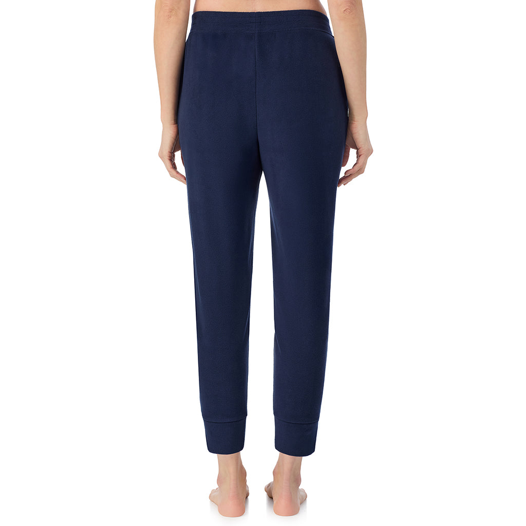 A lady wearing Navy Blazer Cuddl Duds x Jennifer Lake Fleecewear with Stretch Cropped Jogger