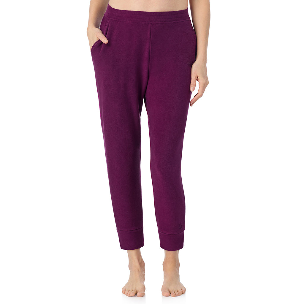 A lady wearing Dark Purple Cuddl Duds x Jennifer Lake Fleecewear with Stretch Cropped Jogger