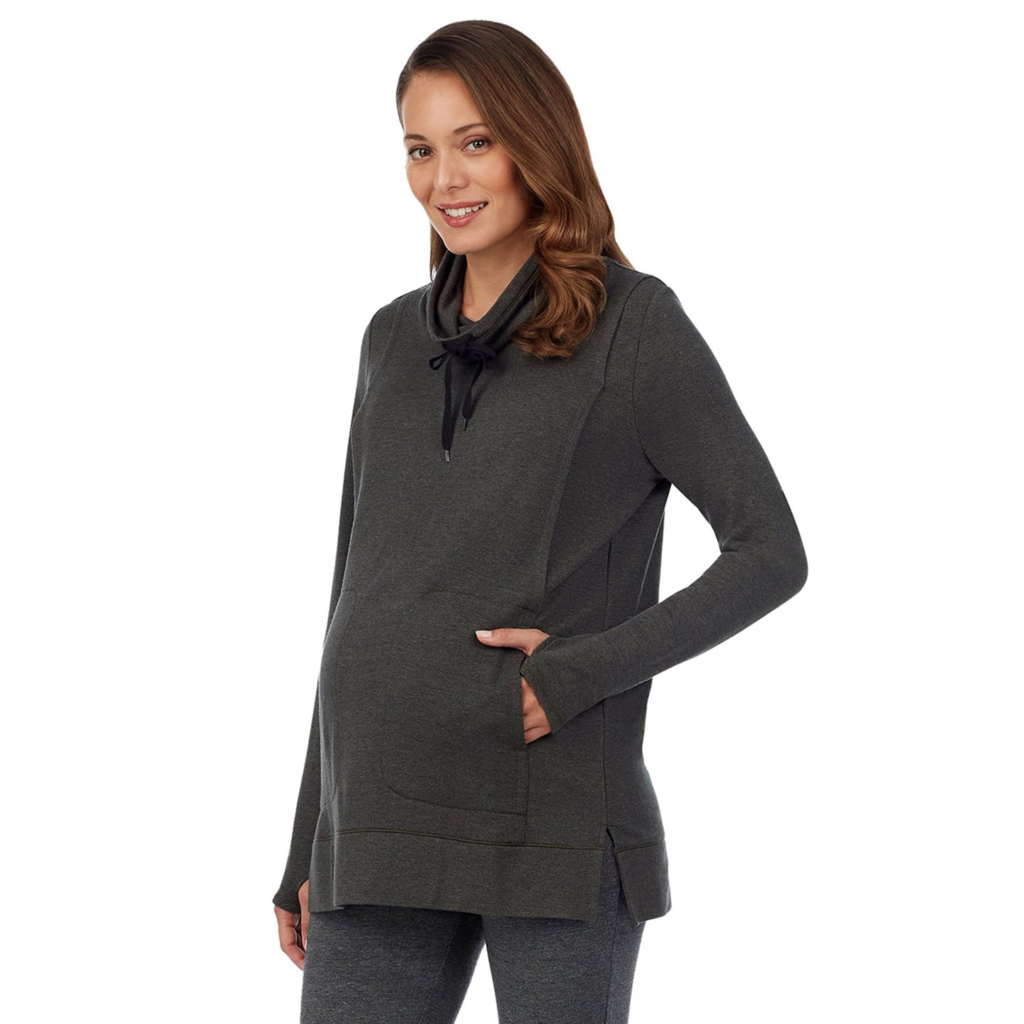 Olive Moss Heather;Model is wearing a size S. She is 5’10”, Bust 34”, Waist 34”, Hips 40”. #Model is wearing a maternity bump.@ A lady wearingUltra Cozy Maternity Long Sleeve Funnel Neck Tunic with Olive Moss Heather print