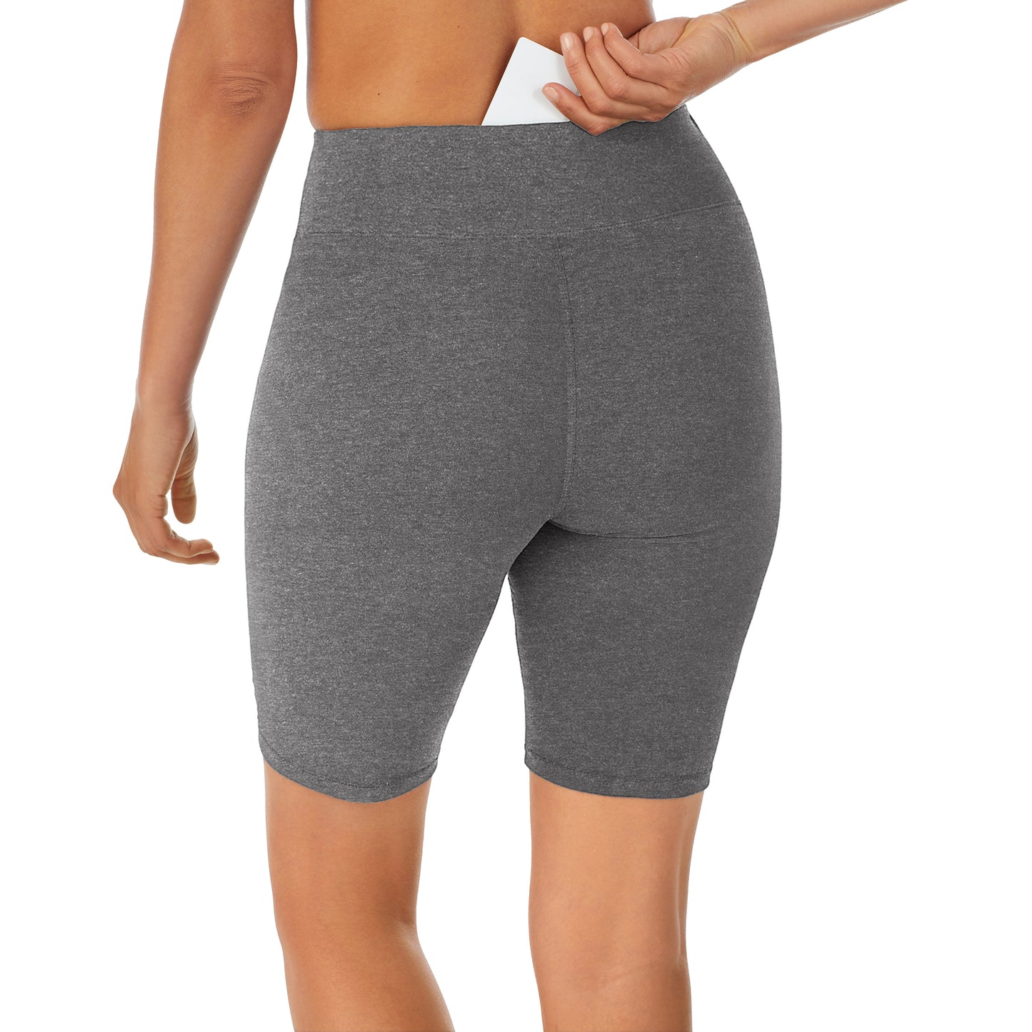 Dark Charcoal Heather; Model is wearing size S. She is 5'8", Bust 34", Waist 26”, Hips 36".@A lady wearing Dark Charcoal Heather cottonwear short.