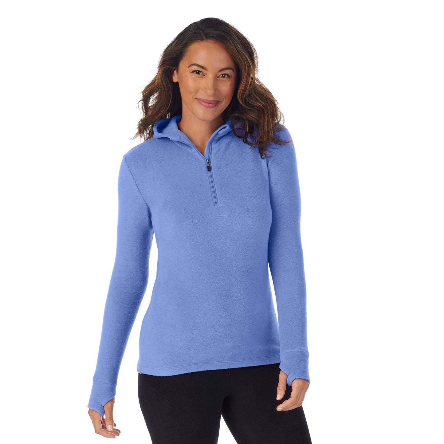 Ultramarine;Model is wearing size S. She is 5’8”, Bust 34”, Waist 24.5”, Hips 35”.@A lady wearing ultramarine fleecewear with stretch long sleeve half zip hoodie. !59% Polyester, 35% Recycled Polyester, 6% Spandex!