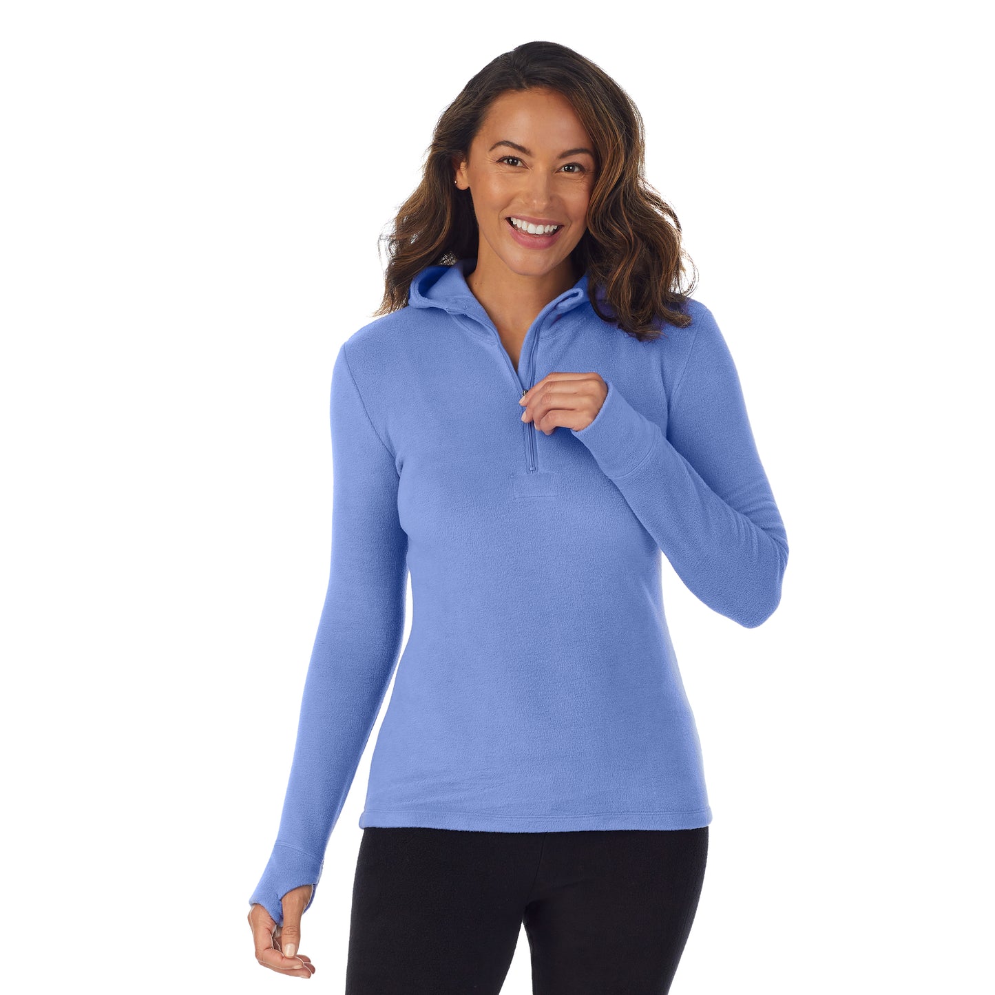 Ultramarine;Model is wearing size S. She is 5’8”, Bust 34”, Waist 24.5”, Hips 35”.@A lady wearing ultramarine fleecewear with stretch long sleeve half zip hoodie. !59% Polyester, 35% Recycled Polyester, 6% Spandex!
