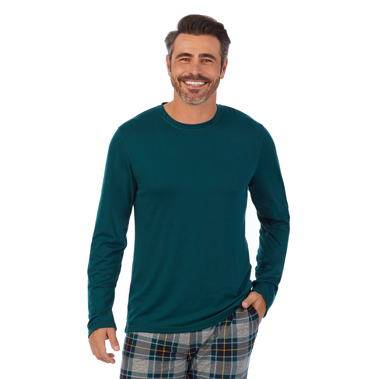 Green Plaid;Model is wearing size M. He is 6'2", Waist 32", Inseam 34".@A man wearing green Mens Classic Long Sleeve Crew and green plaid Pajama Pant 2-pc Set