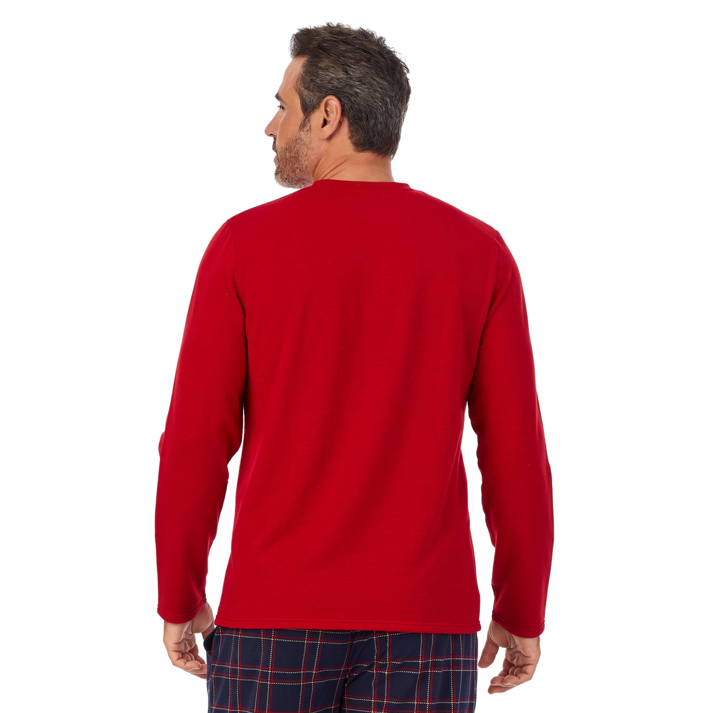 Navy Plaid;Model is wearing size M. He is 6'2", Waist 32", Inseam 34".@A man wearing Red Mens Cozy Lodge Long Sleeve Crew and navy plaid Pajama Pant 2-pc Set 