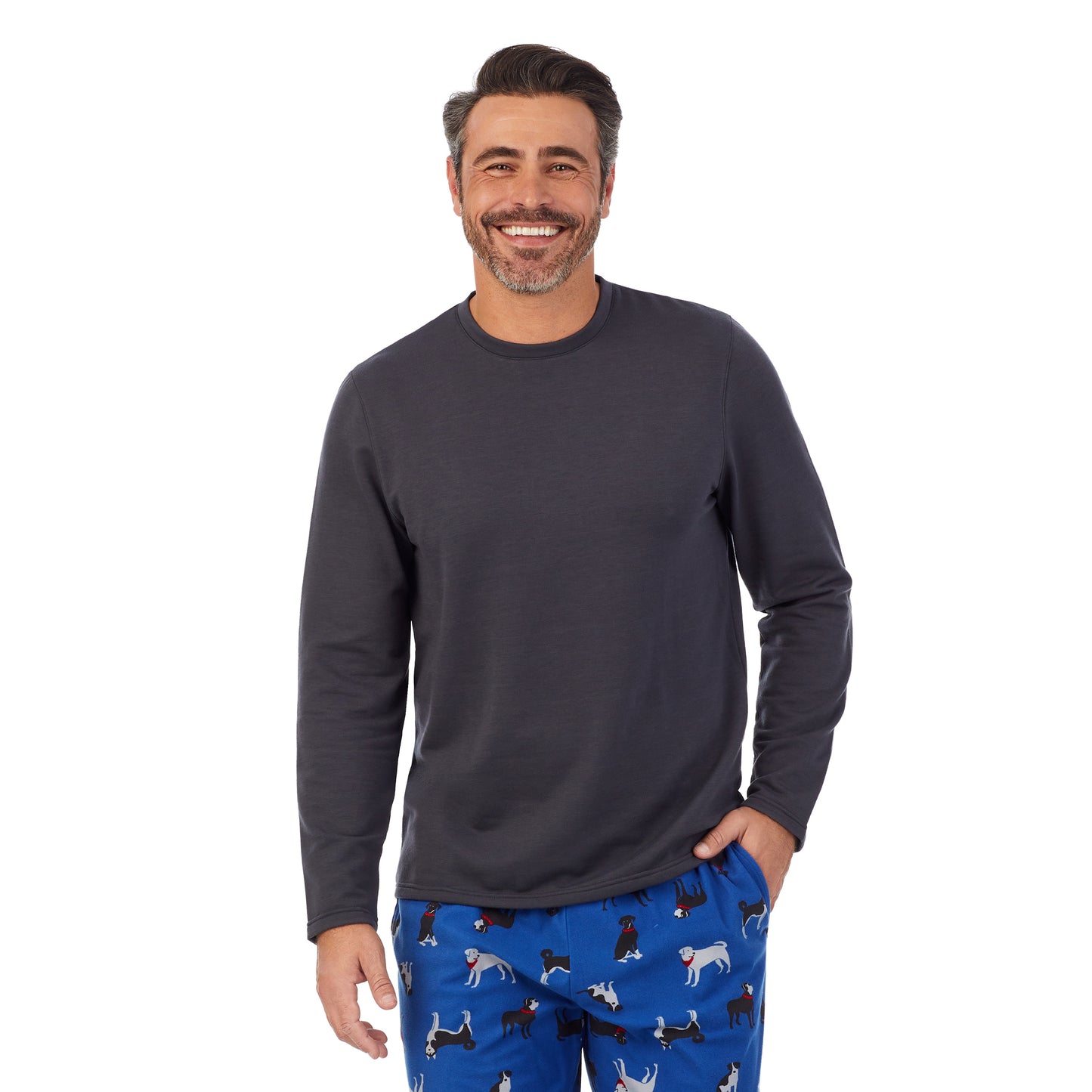 Blue Novelty;Model is wearing size M. He is 6'2", Waist 32", Inseam 34".@A man wearing gray Mens Cozy Lodge Long Sleeve Crew and blue novelty Pajama Pant 2-pc Set