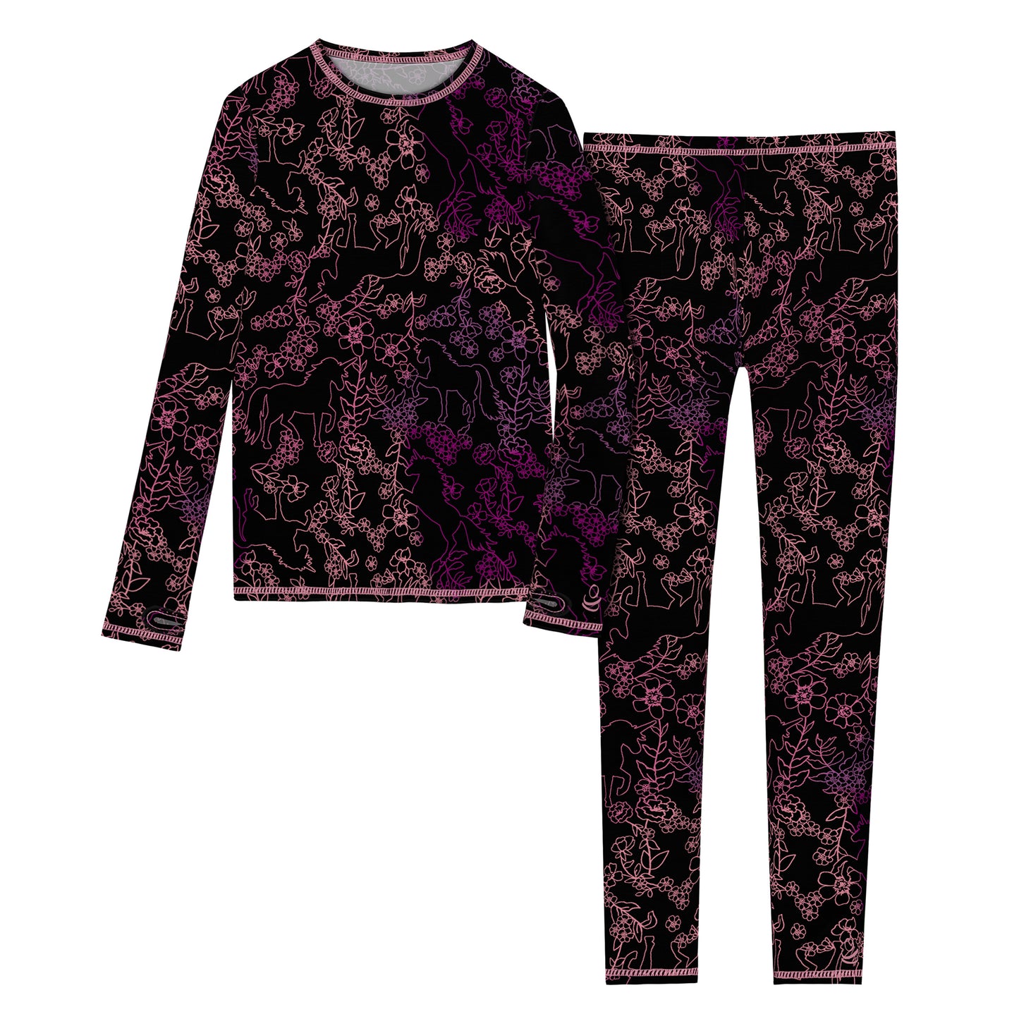 Pink Unicorn Floral;@Girls Comfortech Stretch Poly 2 pc. Long Sleeve Crew & Pant Set !92% Polyester, 8% Spandex!