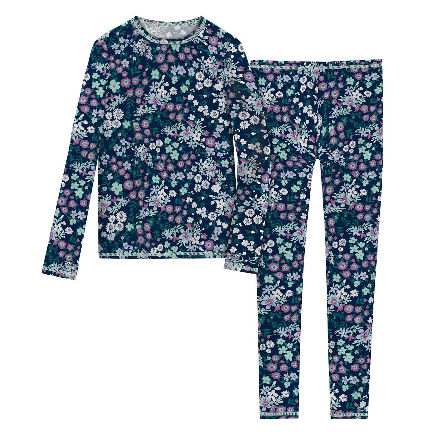 Navy Mint Floral;@Girls Comfortech Stretch Poly 2 pc. Long Sleeve Crew & Pant Set !92% Polyester, 8% Spandex!