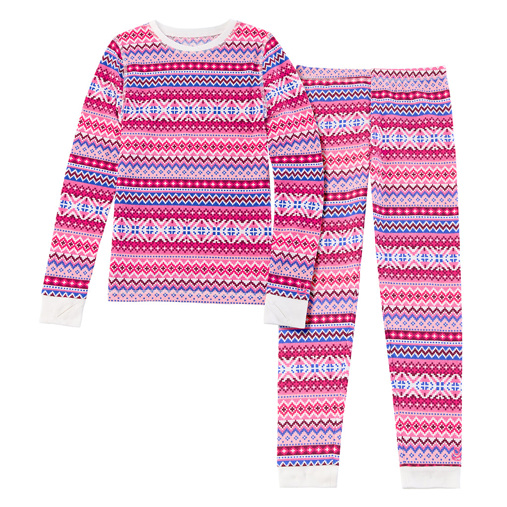 Pink Fairisle; @ A Pink Fairisle Girls Thermal 2 pc. Long Sleeve Crew & Pant Set !60% Cotton, 40% Recycled Polyester!