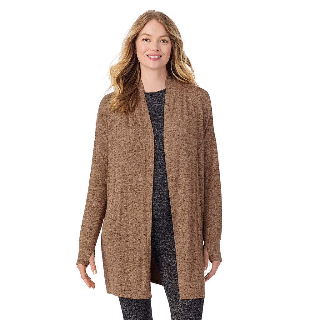 Marled Walnut Taupe; Model is wearing size S. She is 5'11", Bust 33", Waist 24", Hips 34".@A lady wearing a Marled Walnut Taupe long sleeve wrap.